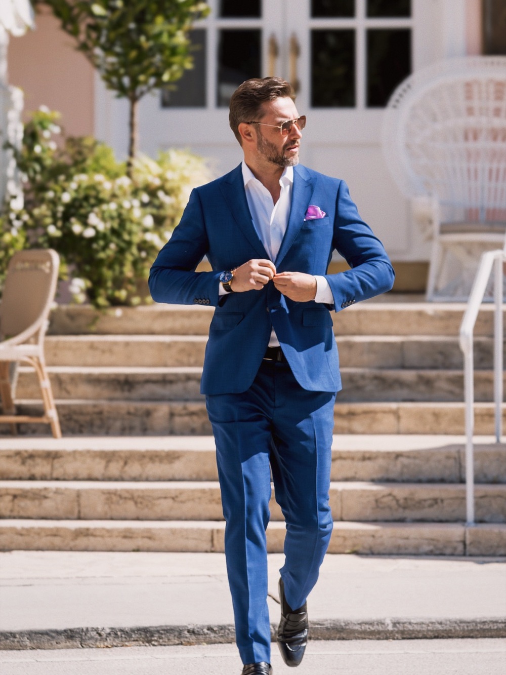 Men’s Blue Windowpane Wool Slim Fit Red Stripe Tailored Suit